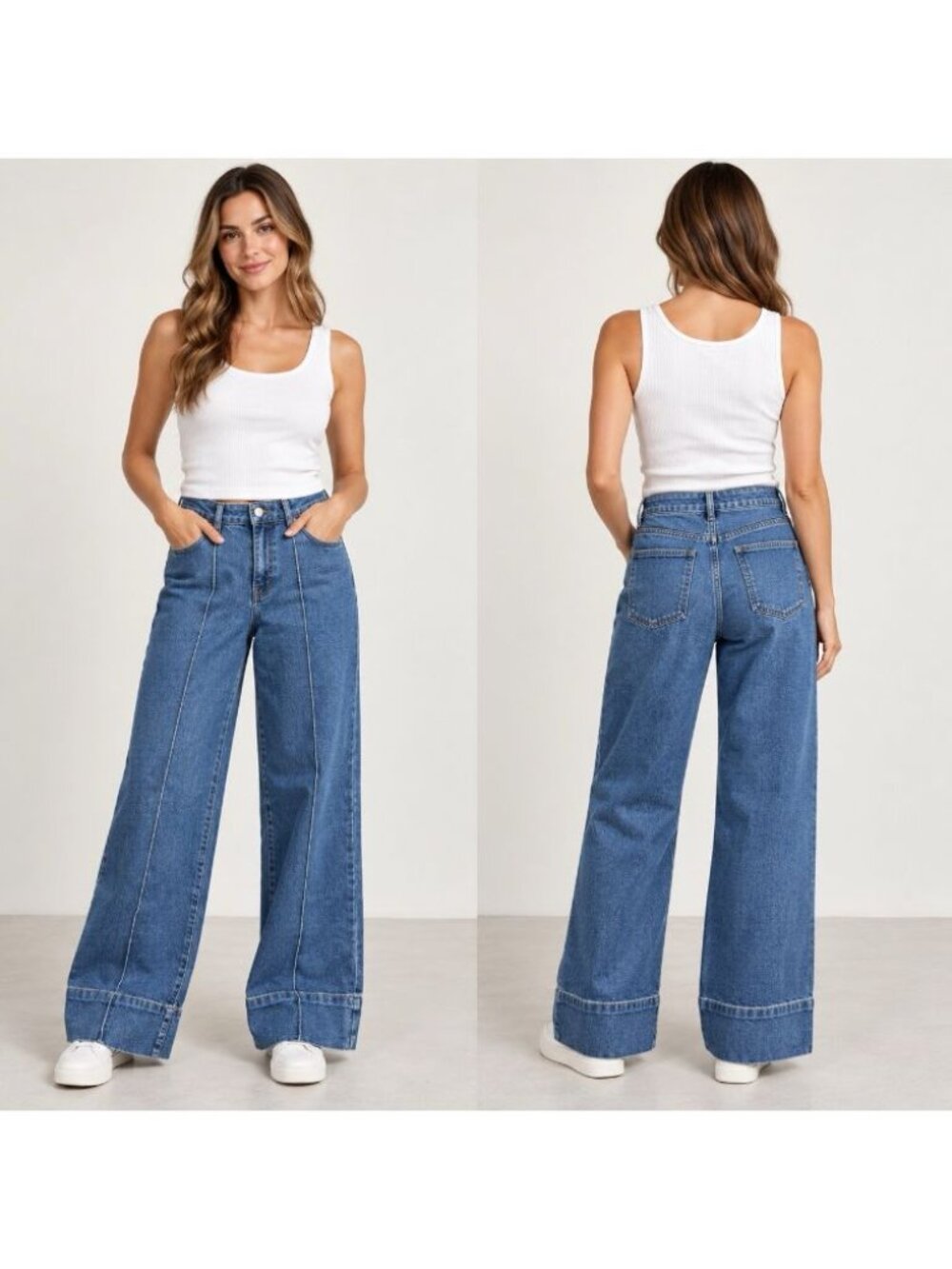 OAT New York Women’s 8/29 Wide Leg Jeans High Rise Pintuck Cuff Hem Blue Denim